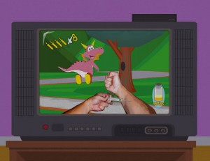 A Guitar Hero parody, "Heroin Hero" — hands preparing heroin in front of a cartoon dragon on a TV